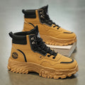 Men's black and yellow high-top Martin boots with an artificial PU upper and injection-moulded sole.