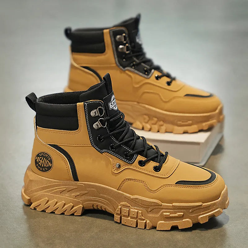 Men's black and yellow high-top Martin boots with an artificial PU upper and injection-moulded sole.