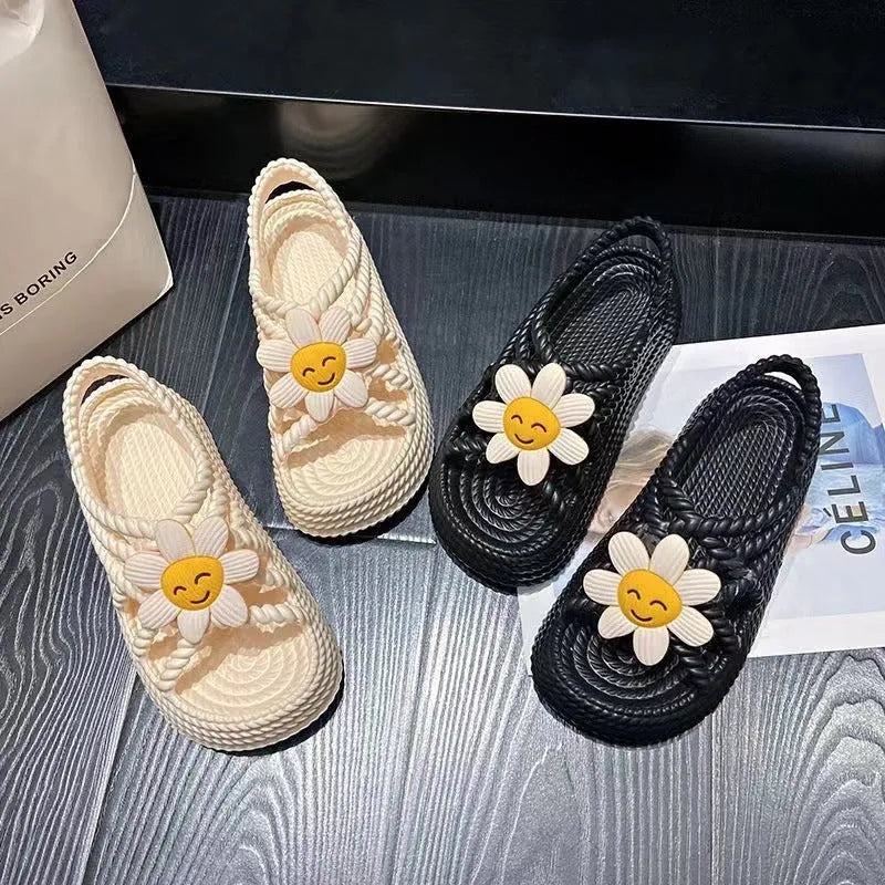 Women's beige PVC sandals with sunflower decoration and non-slip soles
