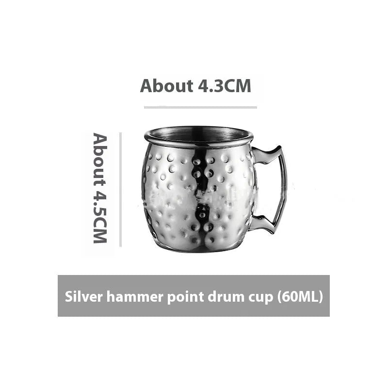 Copper plated stainless steel Moscow Mule mug in hammered and smooth styles, shown in silver, gold, rose gold, and black.