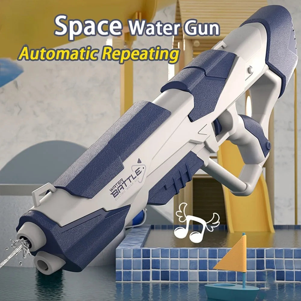 Blue plastic electric space water gun with automatic water absorption for pool and beach play.