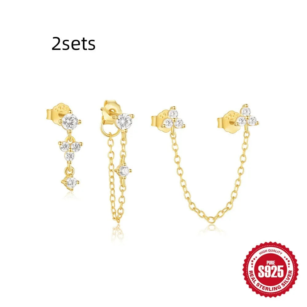 Three pairs of geometric zircon stud earrings in gold tones made from S925 sterling silver
