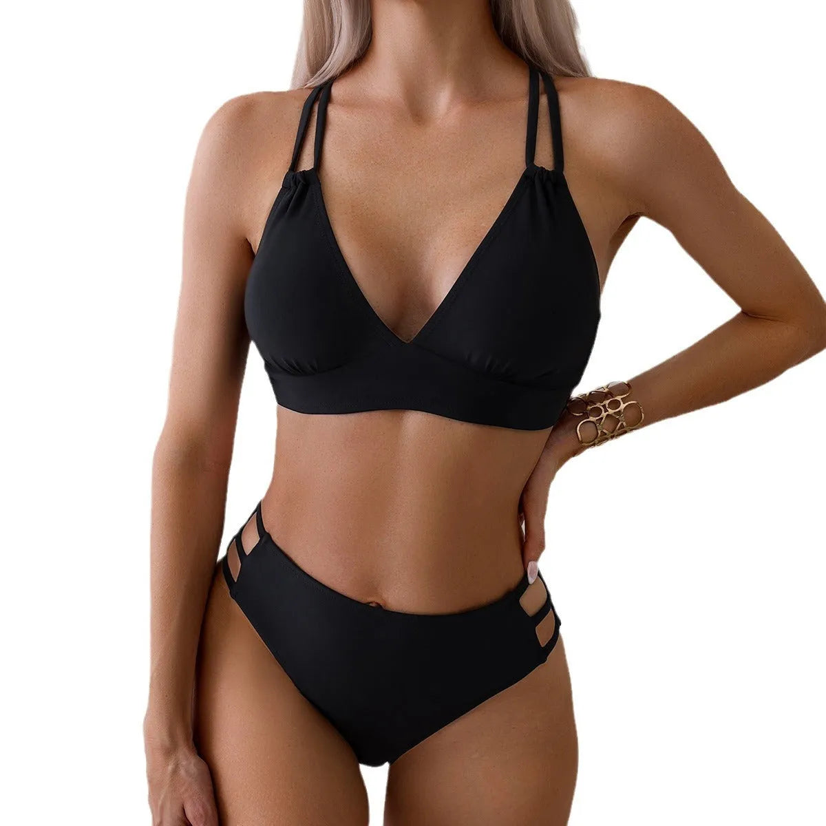 Women's V-neck halter bikini set with removable padding in multiple colour options