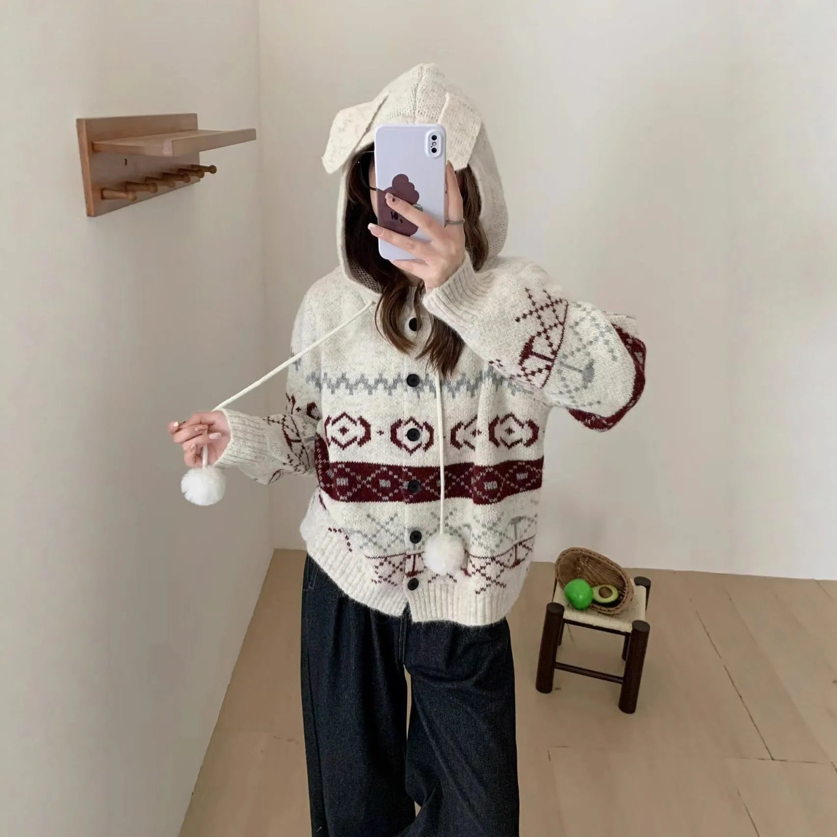 Women's plus size brocade geometric pattern acrylic sweater coat loose fit long sleeve
