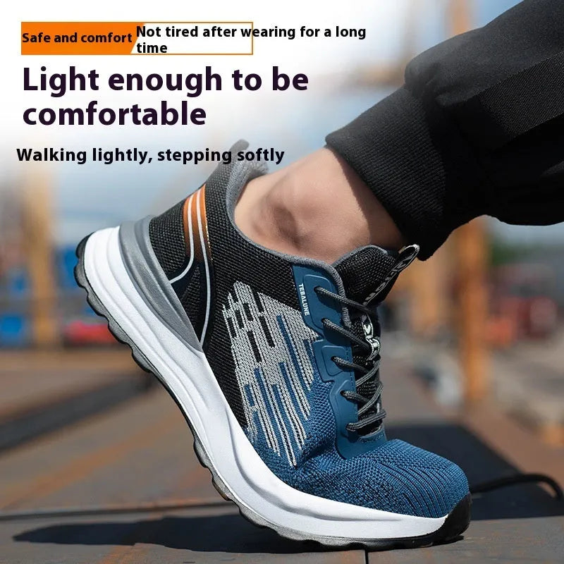 Blue men's safety work shoes with Flyknit mesh upper and lace closure