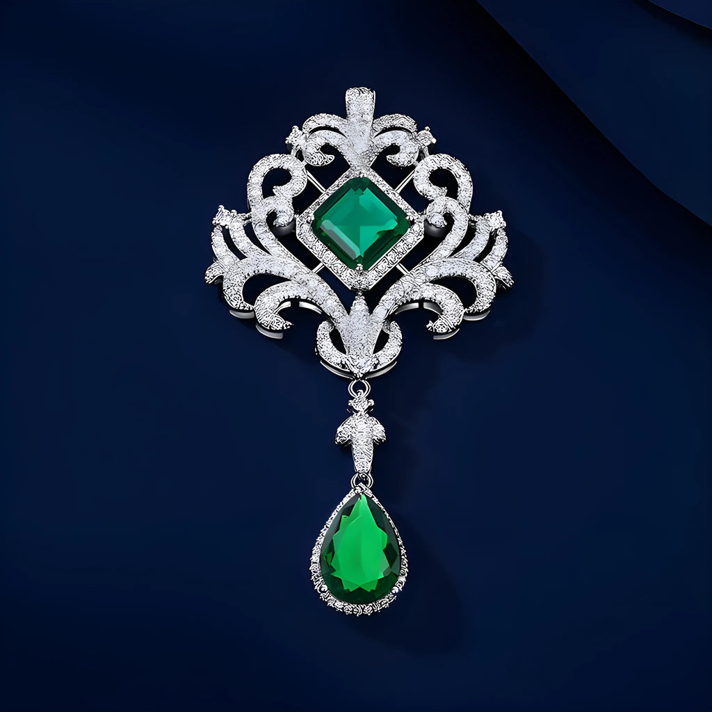 Emerald crystal hollow-out court-style brooch for women, alloy crown shape with tassel, 7x4cm, palace style green