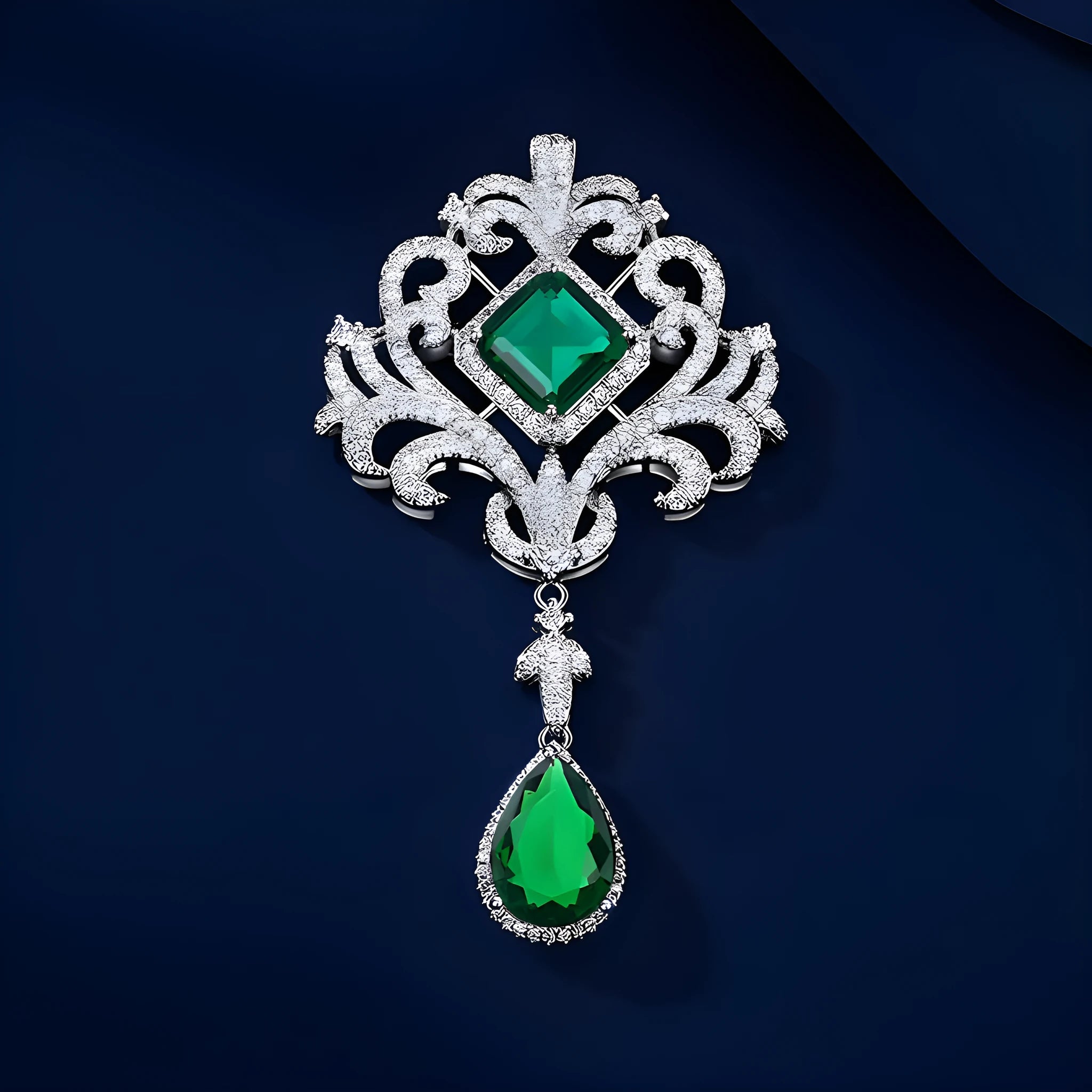 Emerald crystal hollow-out court-style brooch for women, alloy crown shape with tassel, 7x4cm, palace style green