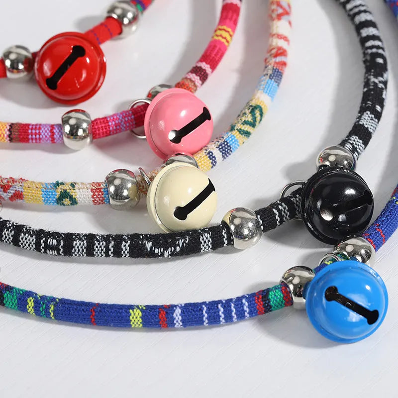 Ethnic patterned adjustable pet collar with a small bell in multiple colour options
