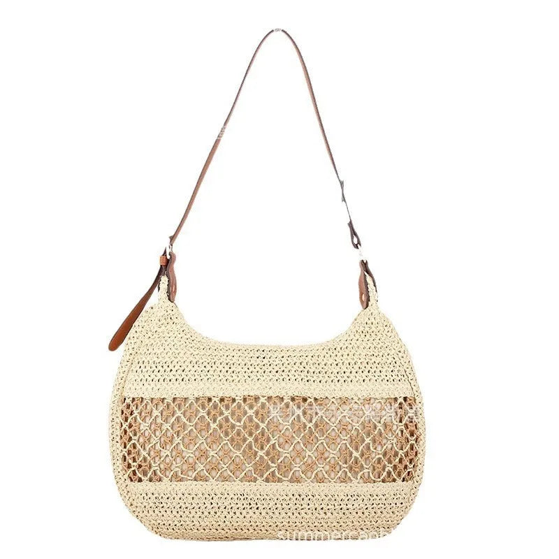 Women's casual straw crossbody bag in khaki colour with horizontal square shape and adjustable shoulder strap