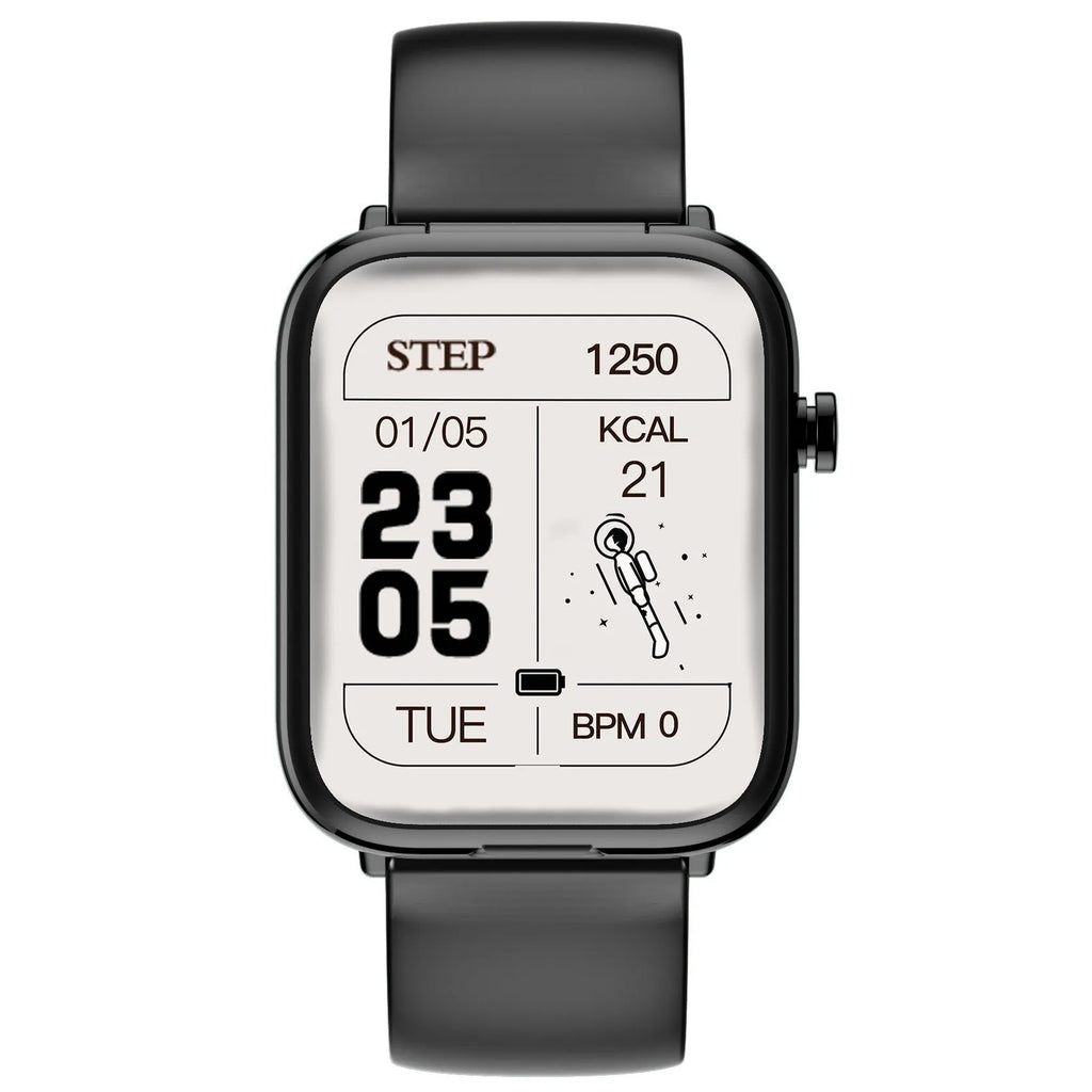 Black zinc alloy smartwatch with 1.69-inch touchscreen next to wireless Bluetooth earbuds and charging case.