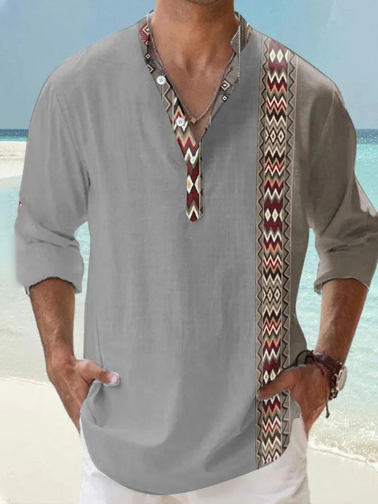 Thin casual digital bamboo linen Hawaiian long sleeve shirt with striped pattern in cardigan style