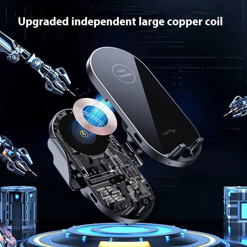 66W fast charging wireless car phone holder with electroplated finish, black, mounted on air vent with hook