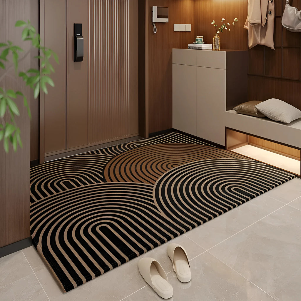 Polyester entrance door mat with geometric pattern in beige colour non-slip backing