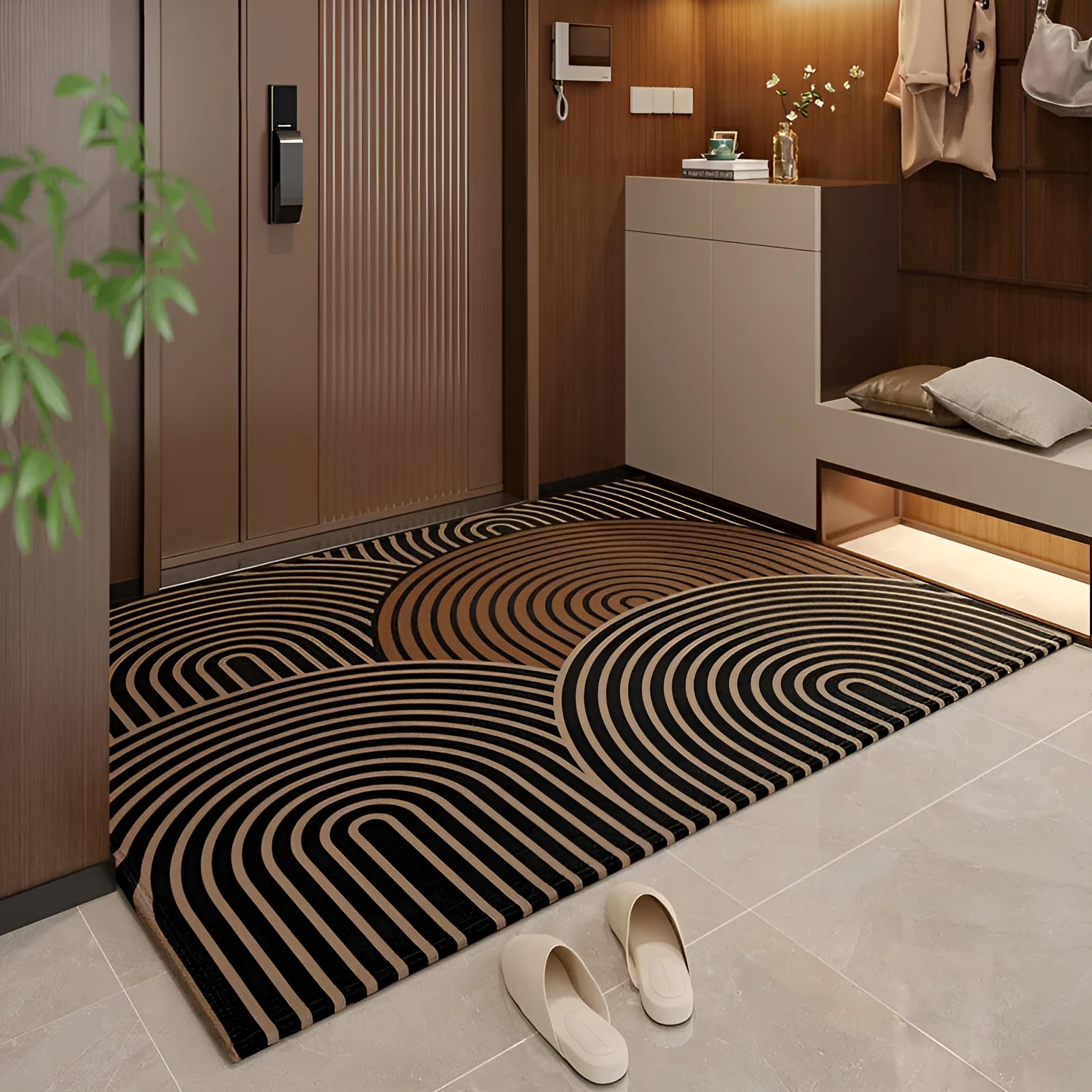 Polyester entrance door mat with geometric pattern in beige colour non-slip backing