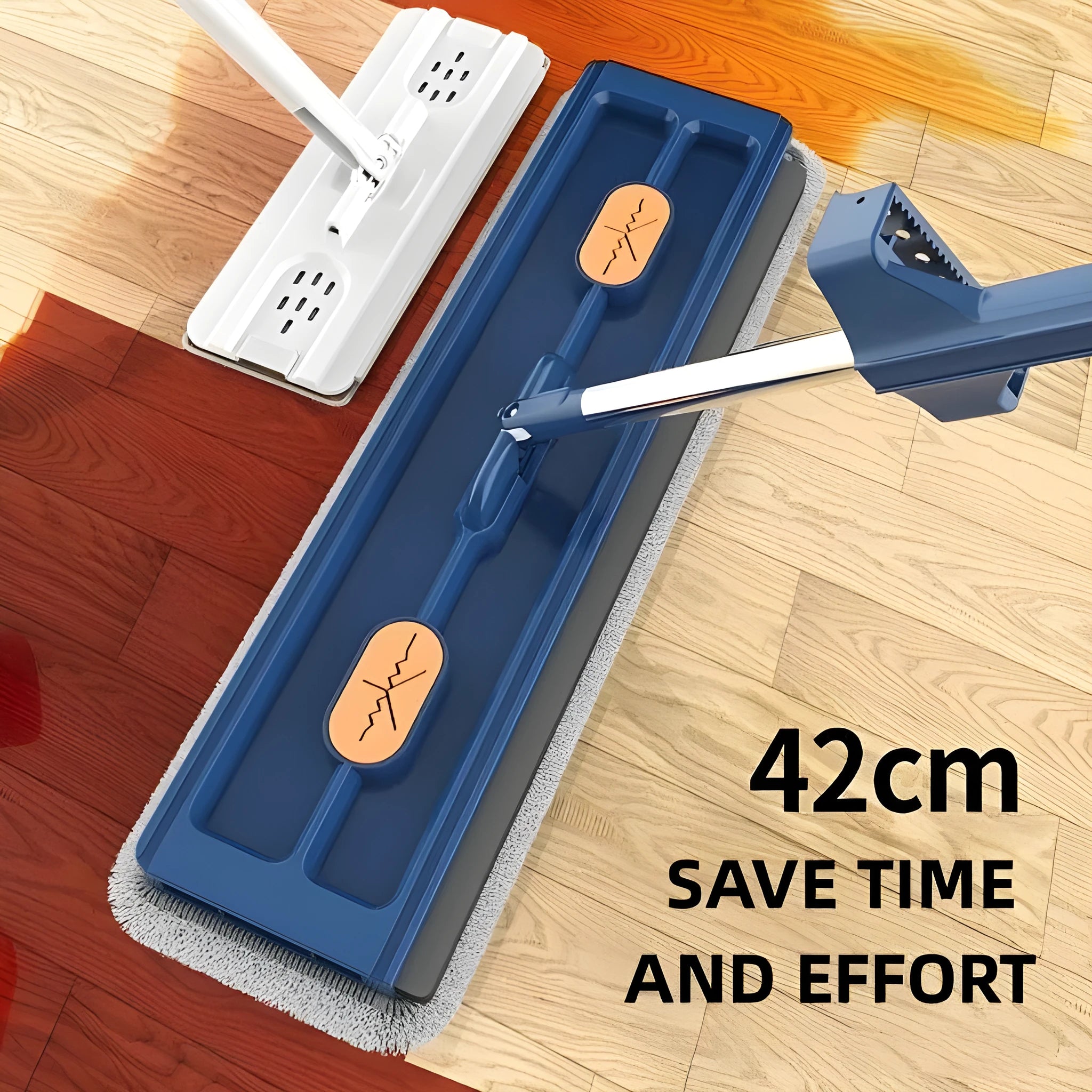 Large flat mop with stainless steel handle and blue rotating mop head on hard floor