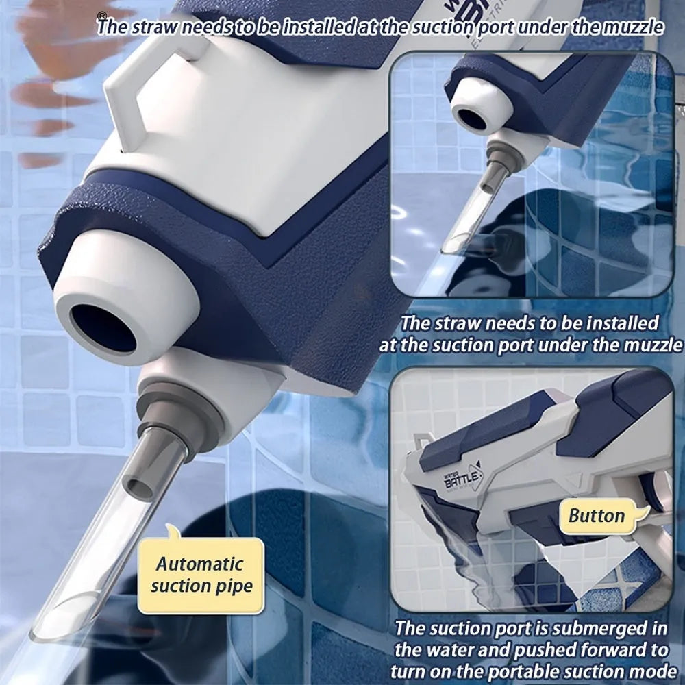 Blue plastic electric space water gun with automatic water absorption for pool and beach play.