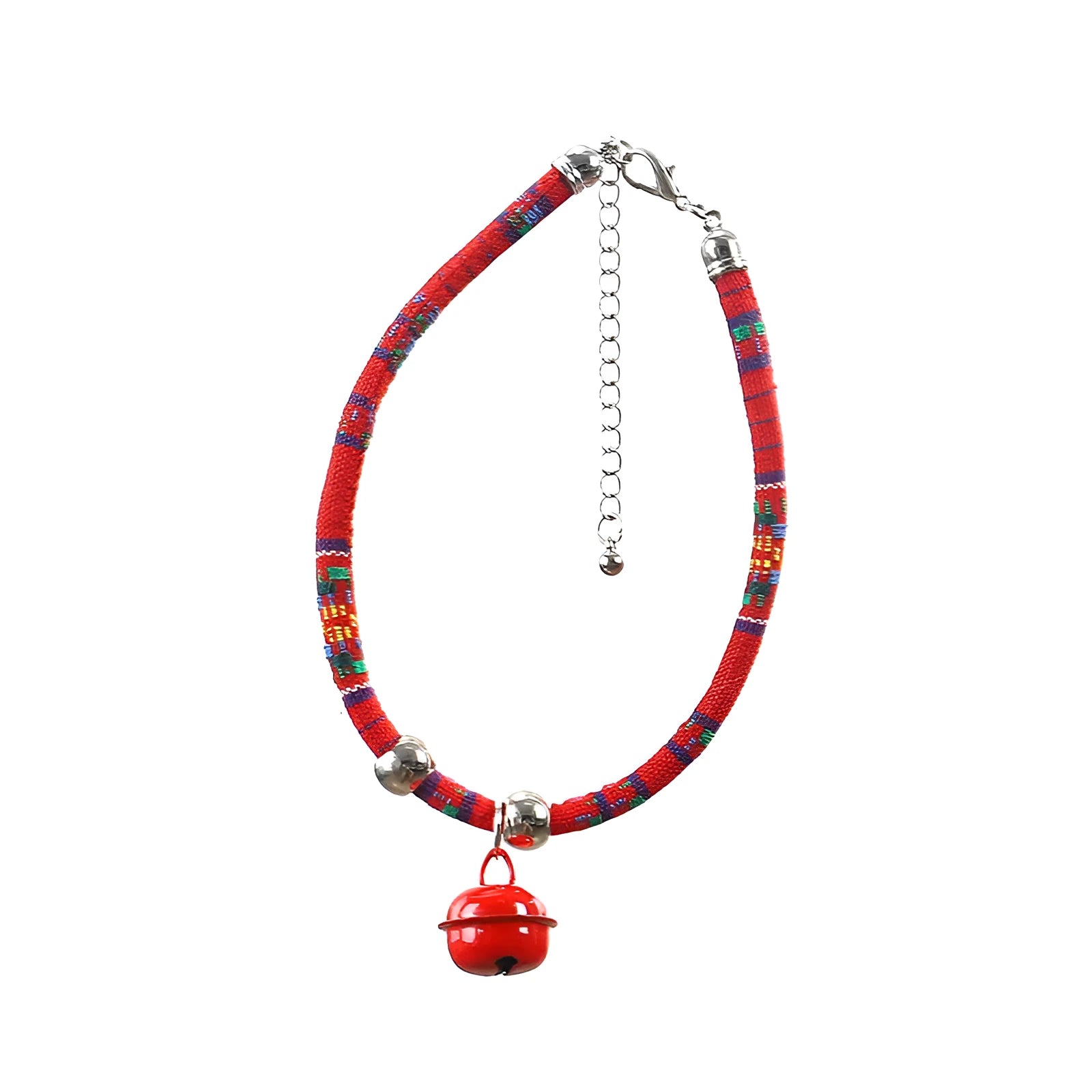 Ethnic patterned adjustable pet collar with a small bell in multiple colour options