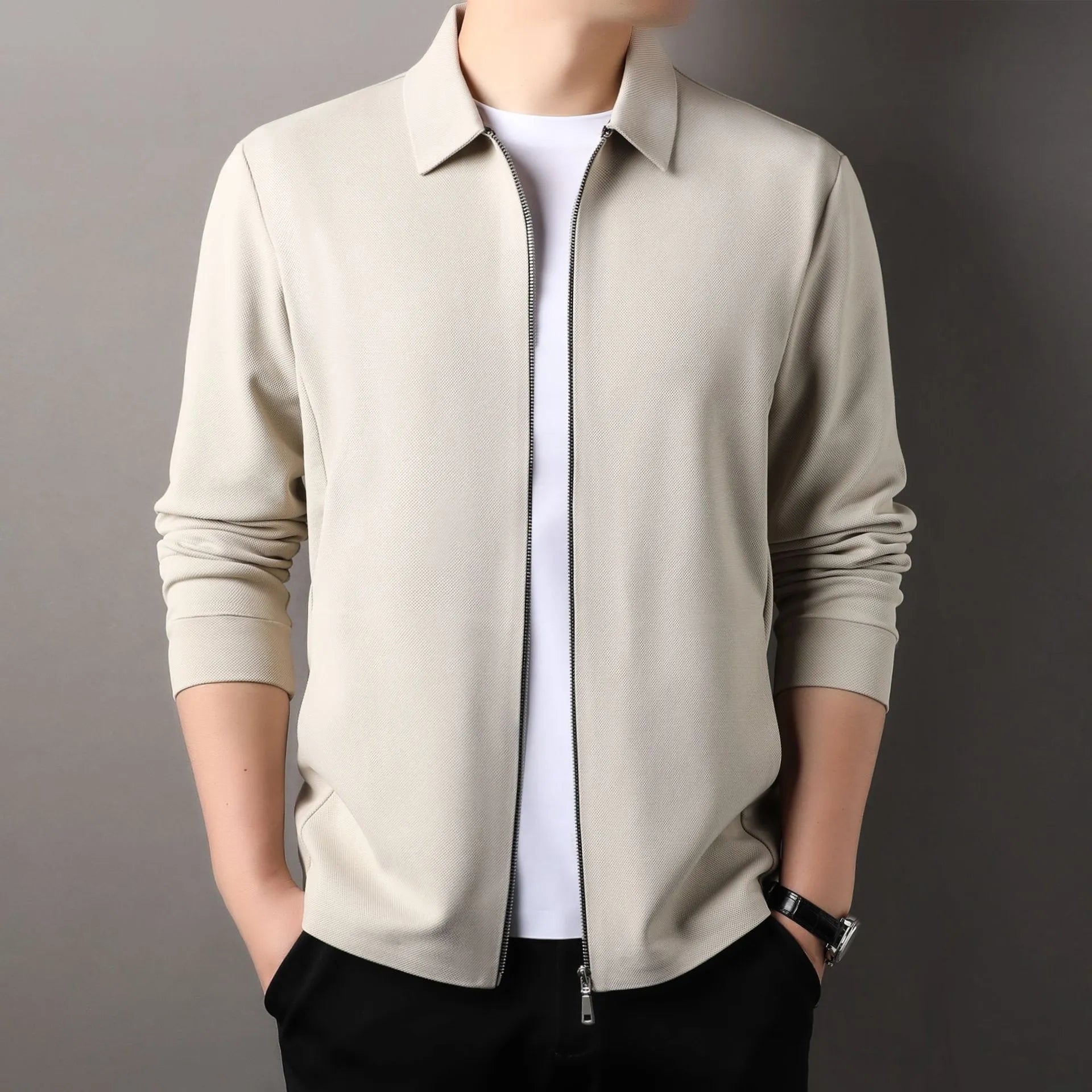 Men's polyester business jacket with straight hem in black, dark grey or apricot colours