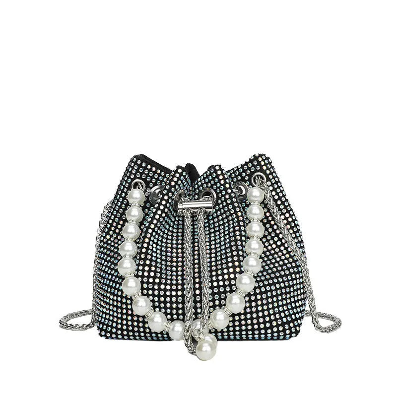 Women's diamond pattern PU leather crossbody bucket bag with western chain strap in choice of colours