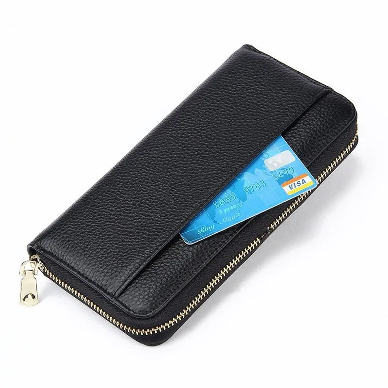 Women's genuine leather long bi-fold wallet in six colour options showing large capacity design