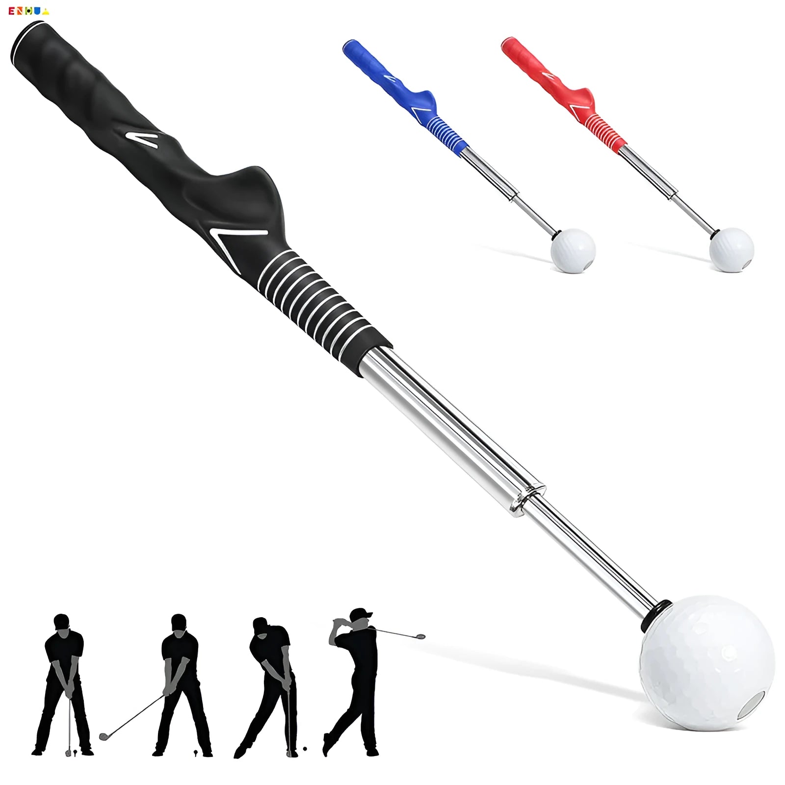 Telescopic golf swing simulator trainer in stainless steel, shown extended for use.