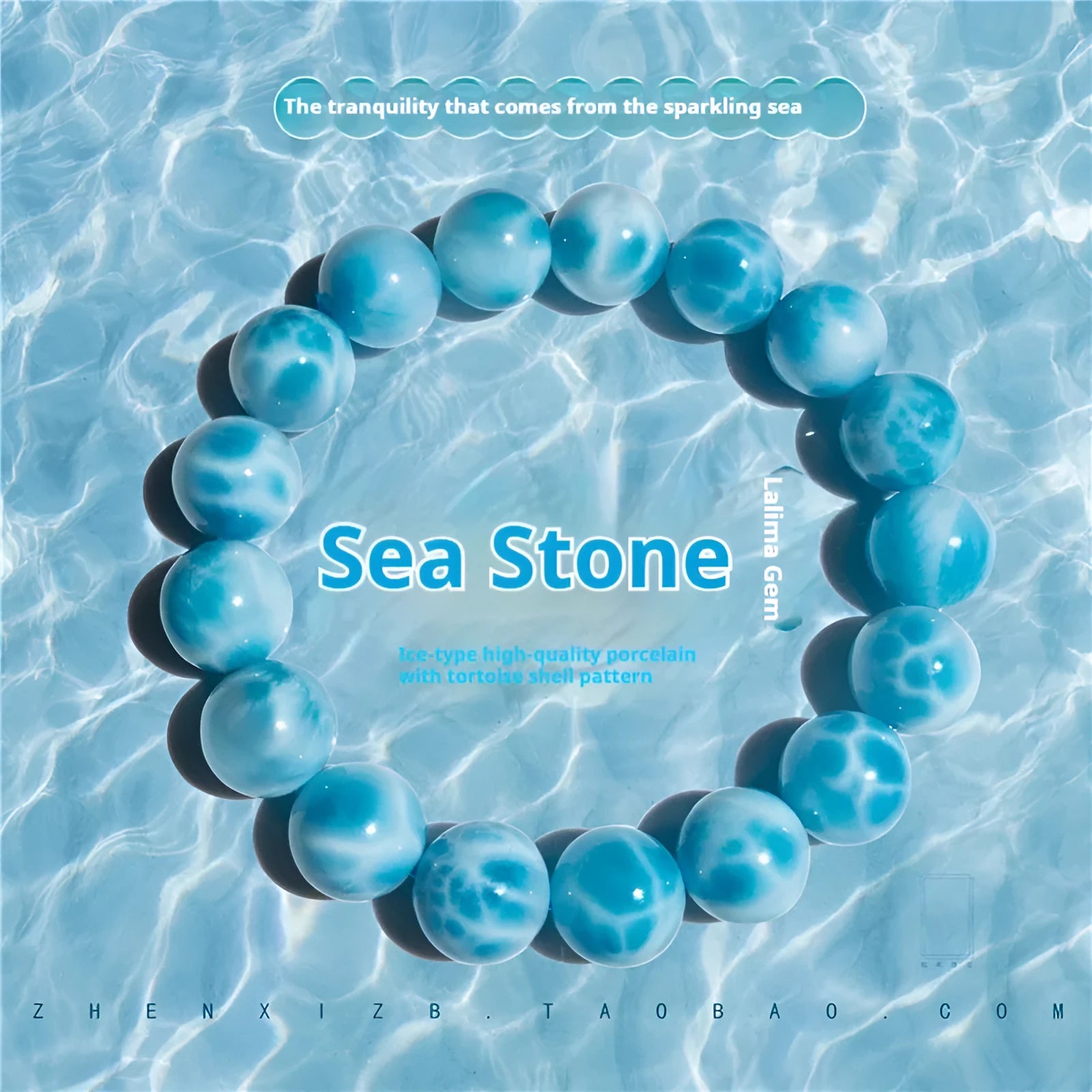 Blue Bodhi bracelet with sea-pattern crystal beads and pearl accents in Maillard style on wrist