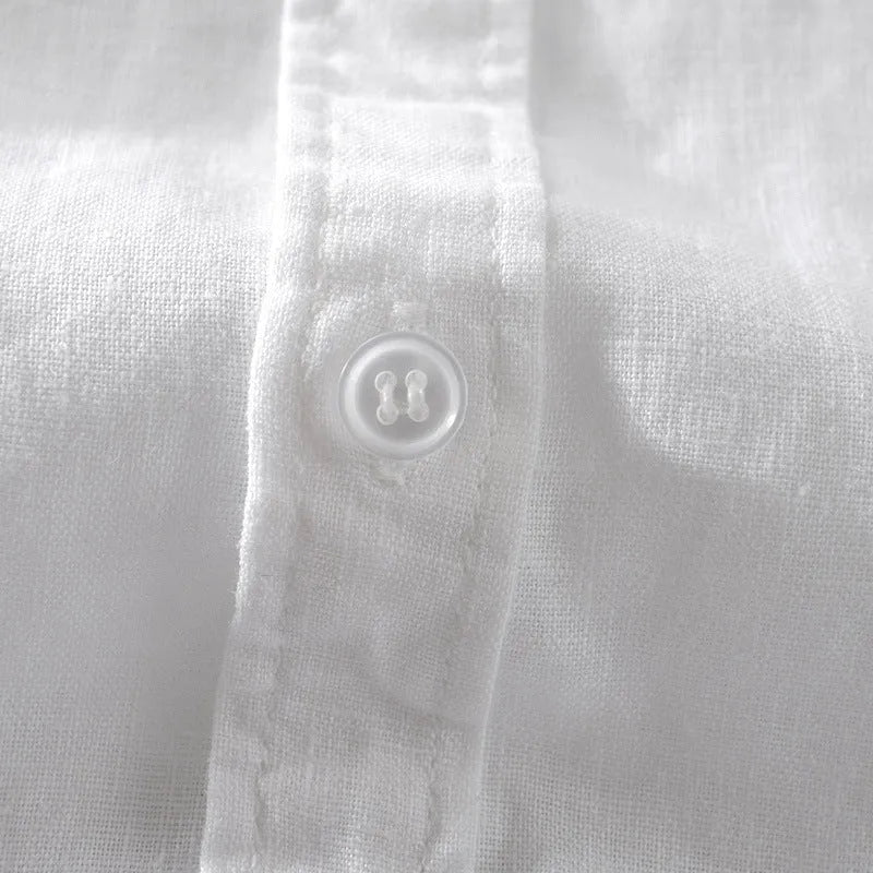Men's loose fit short sleeve linen shirt in a cotton and linen blend, shown in apricot colour.