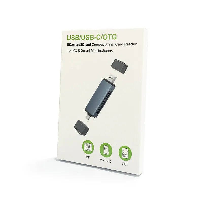 Aluminium CF SD TF three-in-one USB card reader with compact 9.2cm design