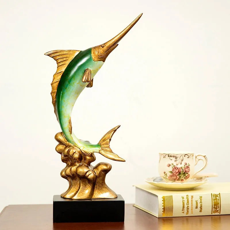 European stylised swordfish resin and plastic decorative ornament on a shelf.