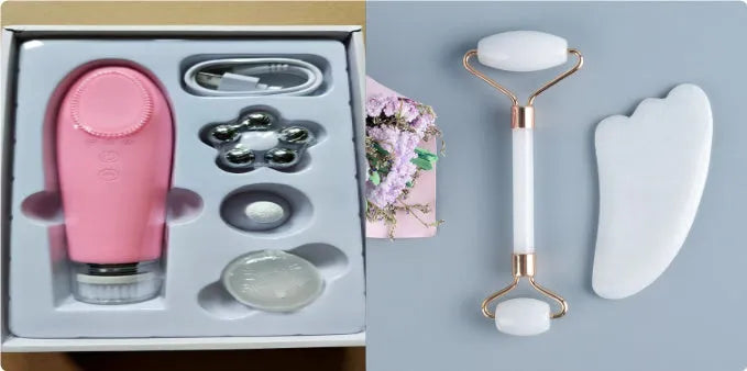 White jade facial roller and gua sha board set for skincare massage