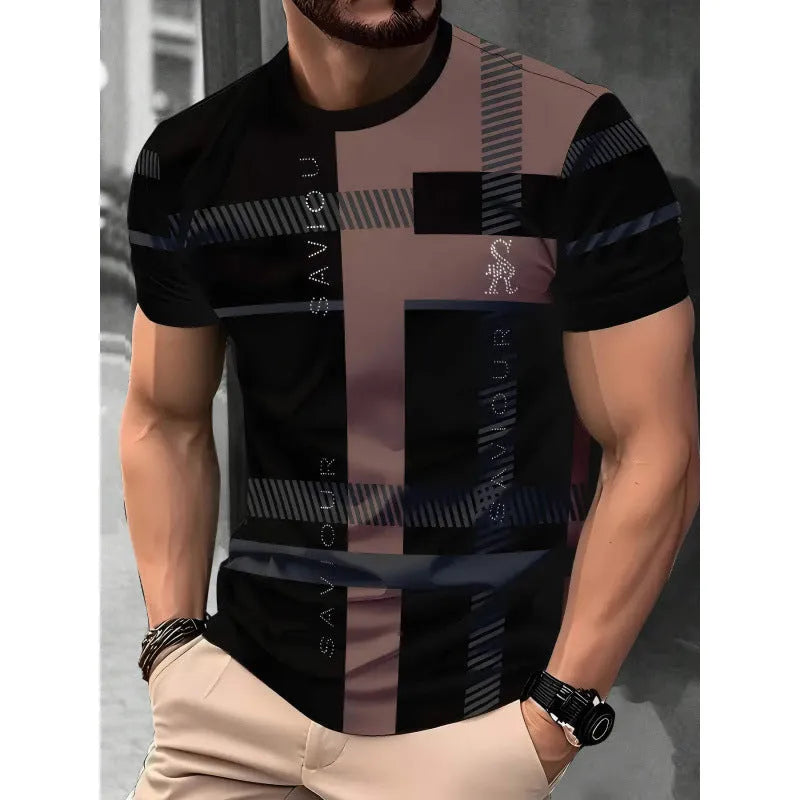 Men's loose fit short-sleeved T-shirt with digital 3D printed striped pattern in polyester fabric