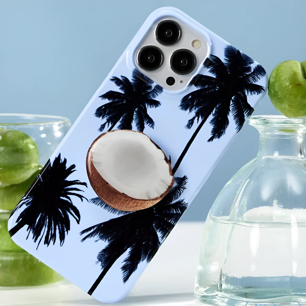 Clear summer coconut TPU phone case for iPhone models on white background