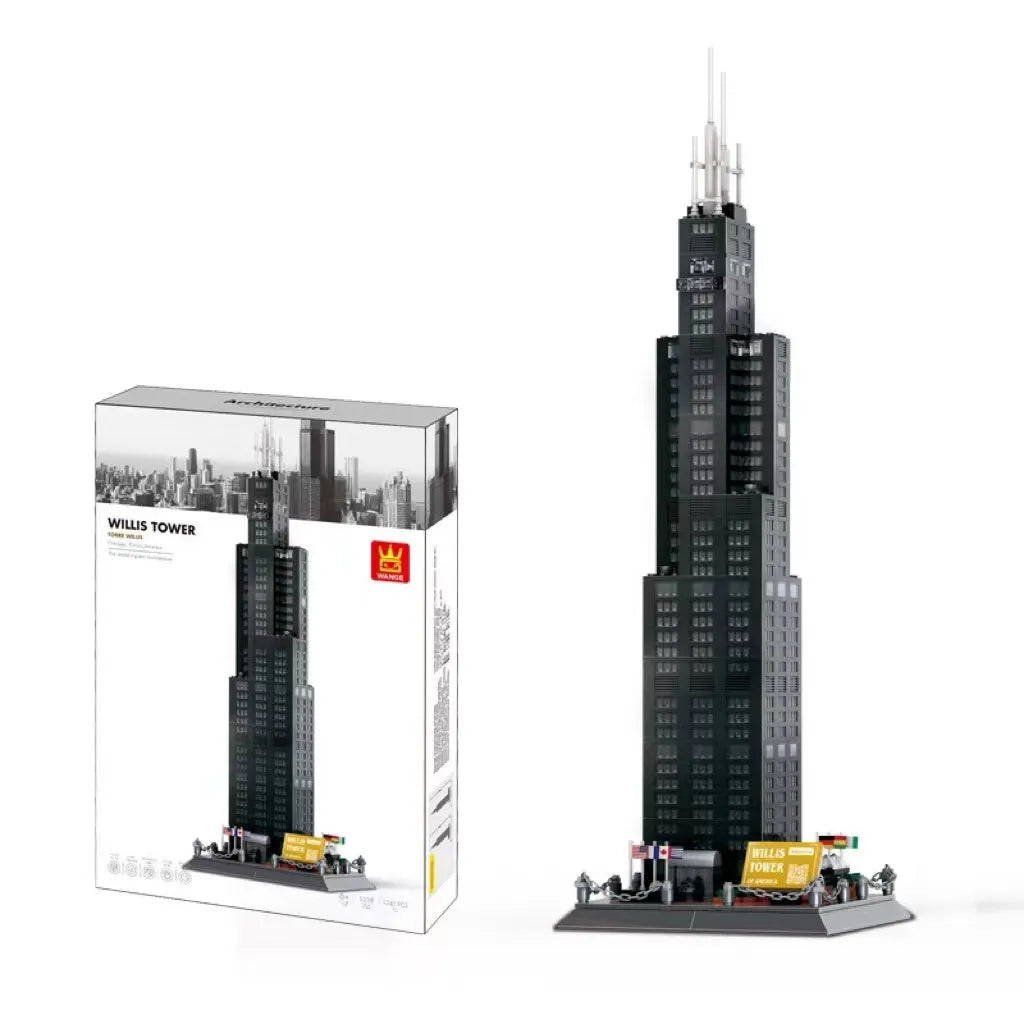 Wange building block set showing over 800 small ABS plastic pieces for constructing global landmark models.
