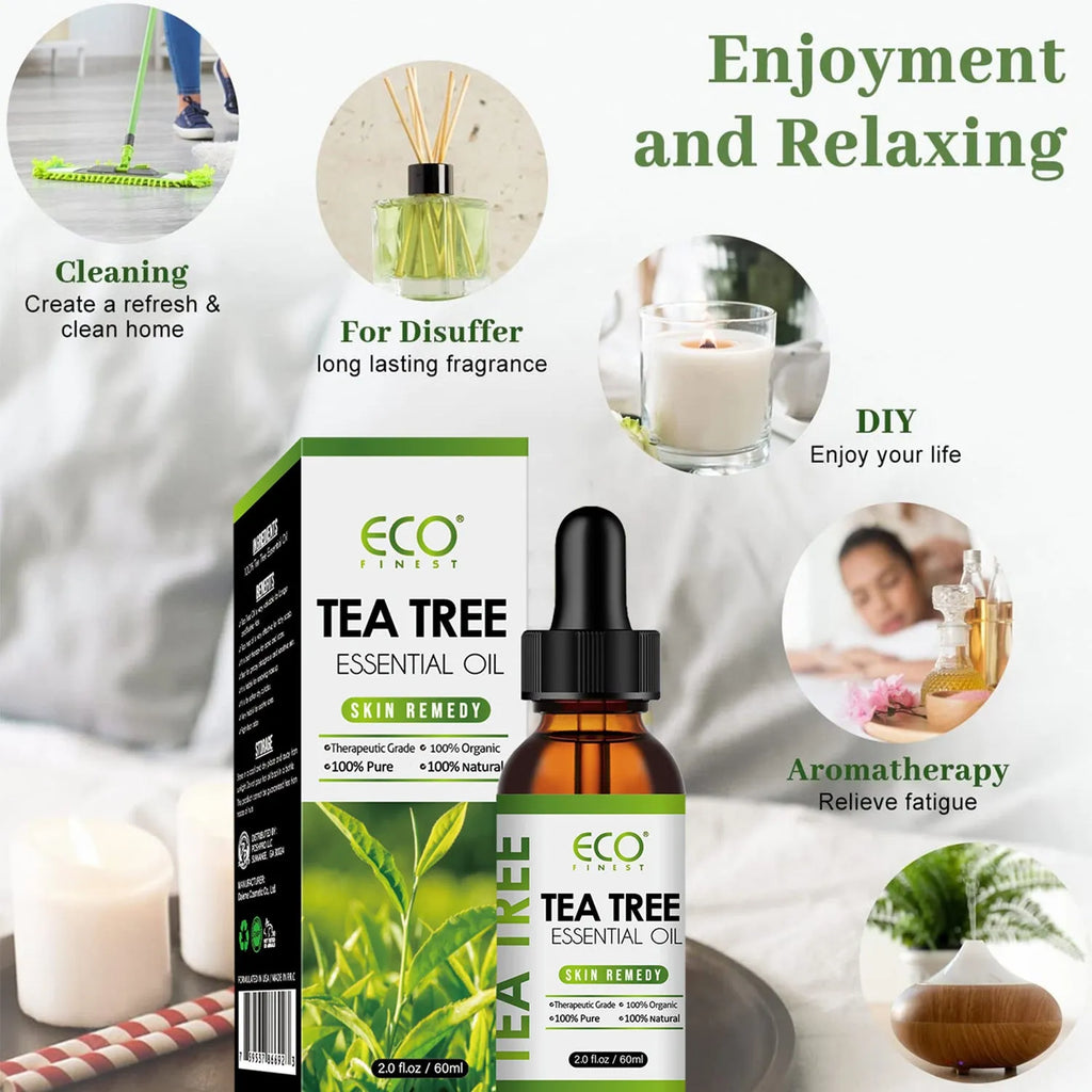 60ml bottle of tea tree essential oil for massage and skincare use.