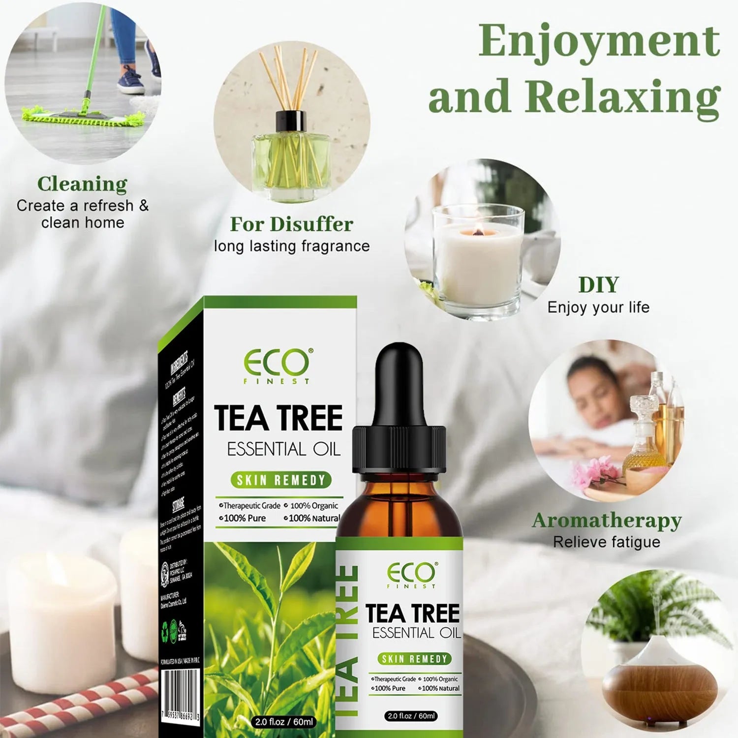 60ml bottle of tea tree essential oil for massage and skincare use.