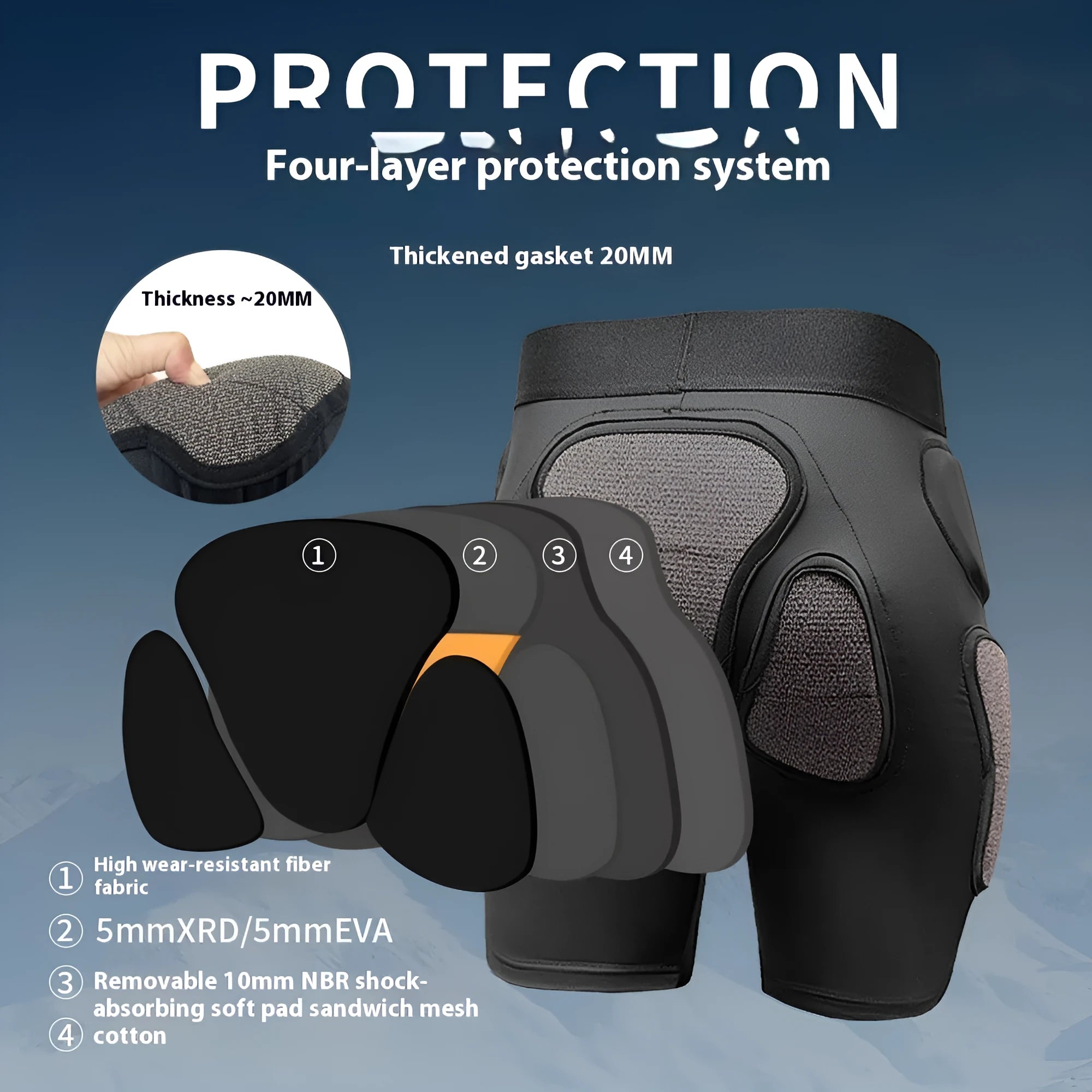 X-ray diffraction skiing hip pad and knee pad set for anti-fall protection in snow sports and cycling.