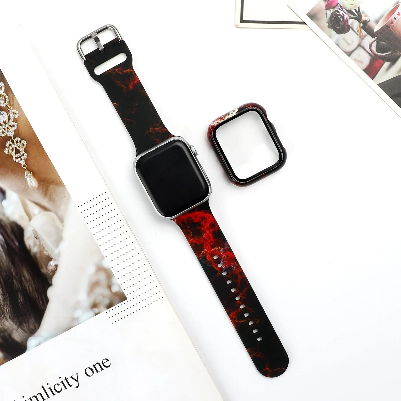 Printed silicone Apple Watch replacement strap in multiple sizes from 38mm to 44mm width