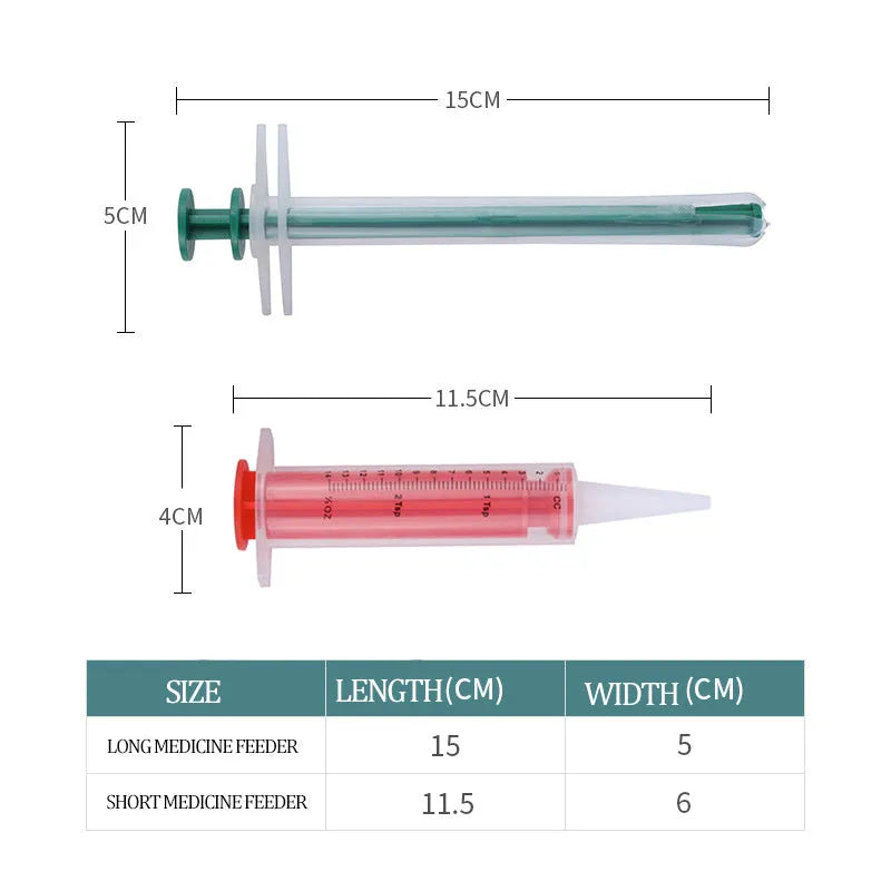 Two pet pill shooters with soft silicone tips for administering medication to cats and dogs