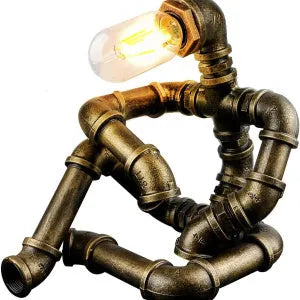 Robot vintage industrial table lamp with iron pipe construction in green bronze finish