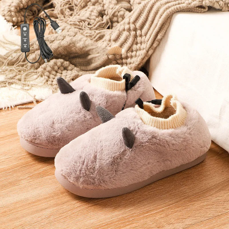 USB electric foot warmer slippers in black, grey, matcha green, and taro colours with soft velvet upper.