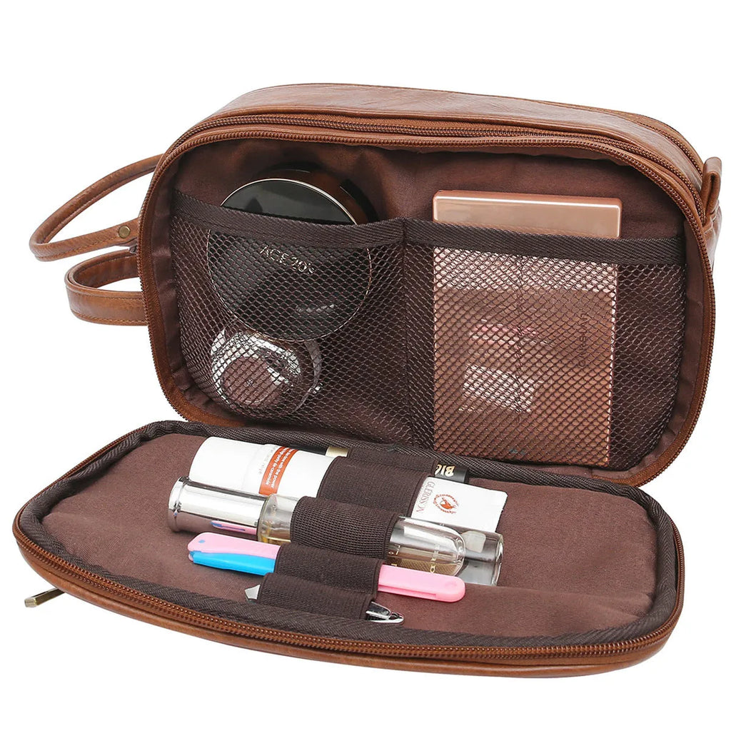Men's black PU leather toiletry bag for travel cosmetic storage.