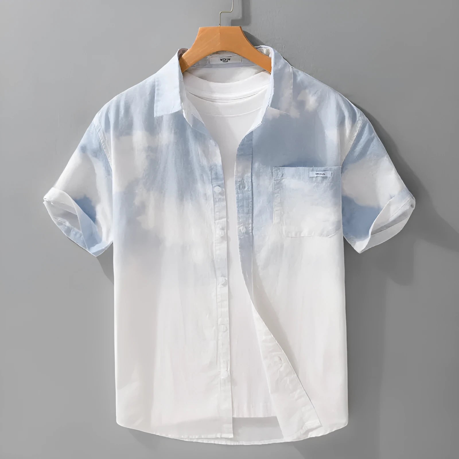 Men's light pink loose fit short sleeve cotton cardigan shirt front view