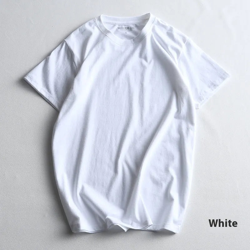 Men's solid colour cotton round neck t-shirt on hanger showing short sleeve design
