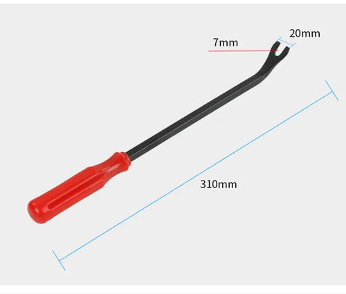 Red handle automotive door panel clip removal tool with steel construction for General Motors vehicles