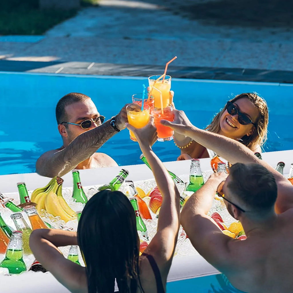 Inflatable ice bar party set with PVC construction showing multiple components including ice bars, cup holders, and beer steins ice bucket