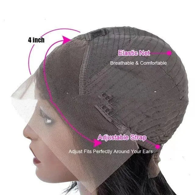 Real human hair lace front wig with 4x4 frontal on a model, demonstrating natural hairline and long hair.