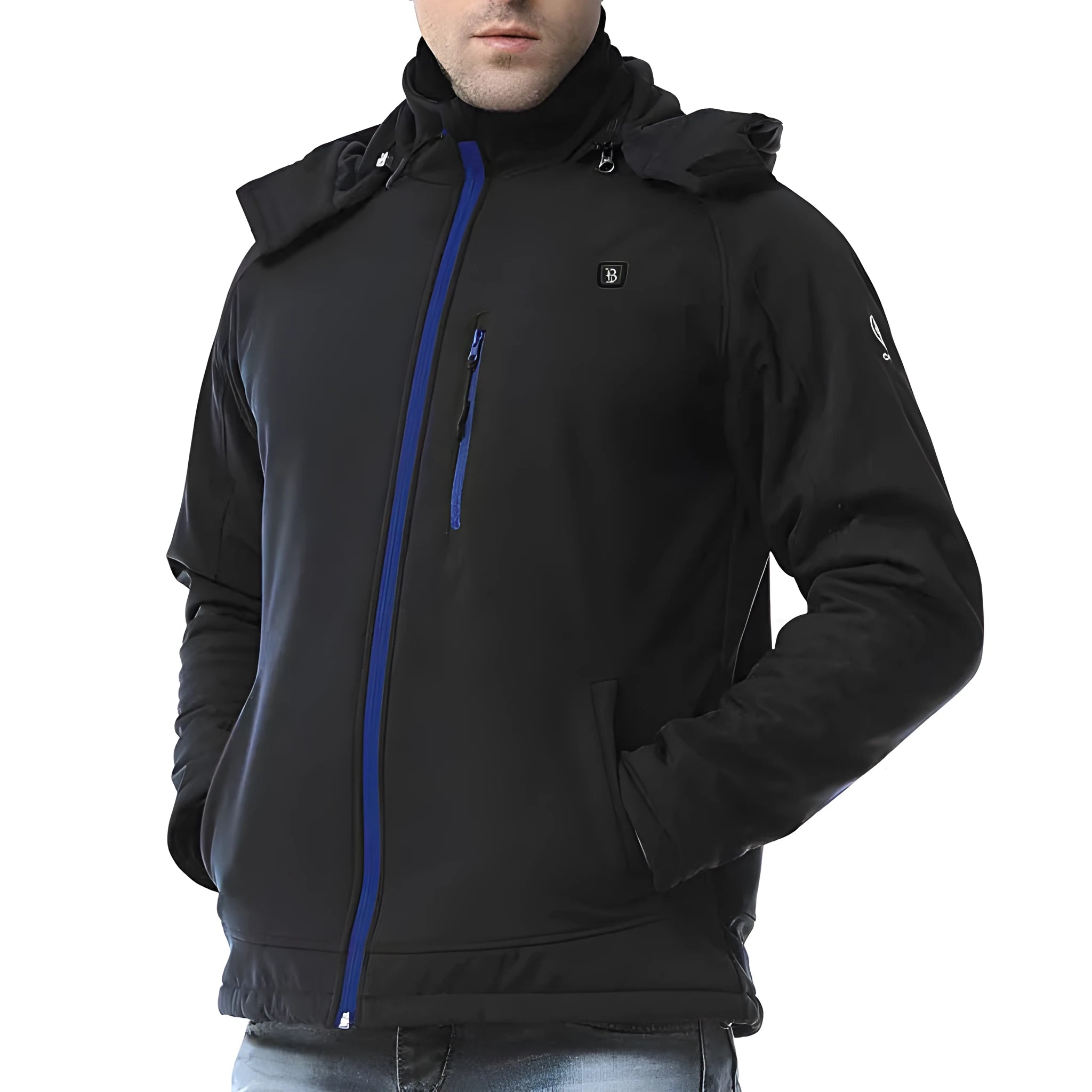 Black USB heating waterproof windproof thermal coat for men with zipper pockets and straight hem design