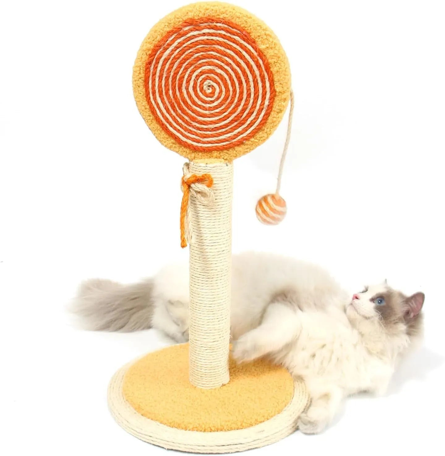 Cat scratching post with sisal rope surface and hanging ball toy on sturdy wood base
