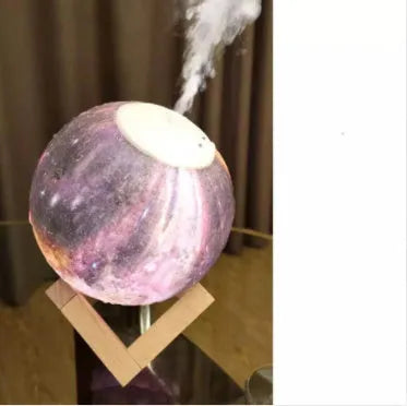 Wood finish lunar humidifier night light showing spherical design with mist output and LED illumination