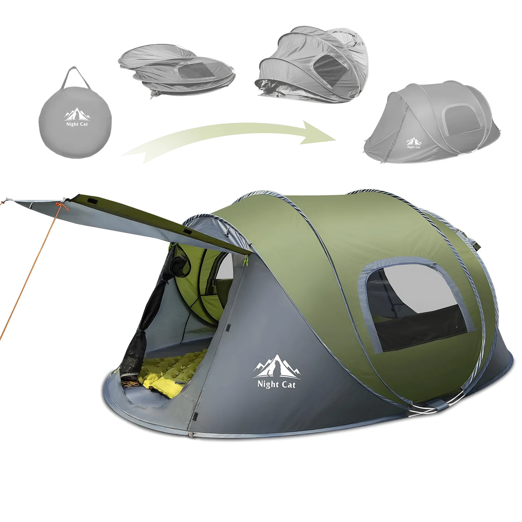Dark green automatic pop-up camping tent with rainfly, suitable for two people